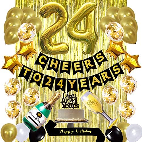 ערכת קישוטים ליום הולדת 24 זהב, לחיים ל -24 שנה בלוני באנר, אבנט יום הולדת של עוגה 24, וילונות שוליים