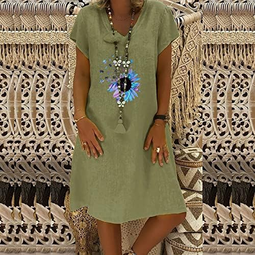 נשים שמלת כותנה ופשתן הדפס חמניות להדפיס שרוול קצר שמלות מידי מסתיר בטן רופפת V שמלת חולצת צוואר 2023