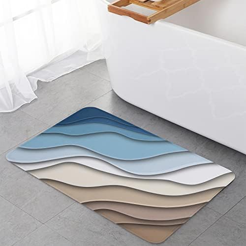 למנדה גיאומטרי מטבח שטיח סט של 2, כחול חום שיפוע גל החלקה אמבטיה שטיחים ספיגת מים רצפת שפשפת מודרני