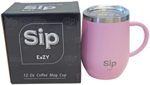 Sip Eazy Pink 12oz 18/8 כוס, ידית ומכסה מבודדת אל חלד - שומר על המשקאות שלך חמים עד 6 שעות עד 24 שעות