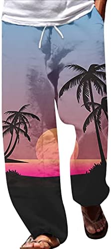 מכנסי טרנינג מזדמנים מכנסי טרנינג קיץ מכנסי זיעה חוף רחבי מכנסיים דפוס טרופי המותניים מוטות באורך מלא