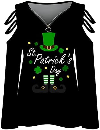 חולצות יום פטריק של סנט פטריק לנשים סקסיות צווארון v גזרת רוכסן מכתף כתף שרוול ארוך מכתב ירוק חולצת