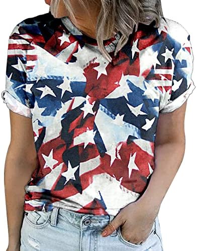 4 ביולי חולצות לנשים שרוול קצר חולצות טריקו עם צוואר פסים דגל אמריקאי עניבה צבע חולצה פטריוטית חולצות