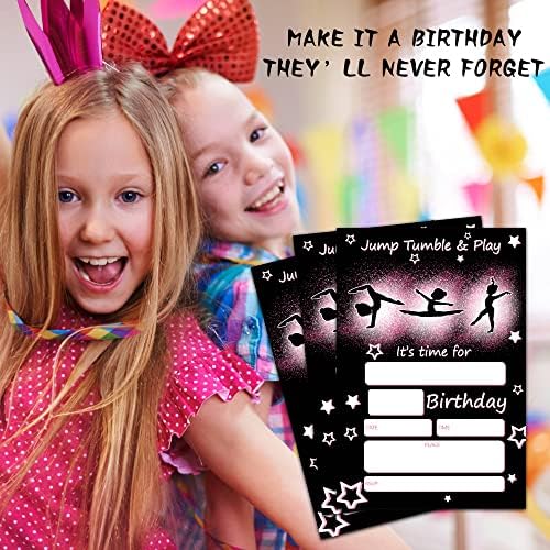 ISOVF 4 x 6 ניאון התעמלות ניאון כרטיסי הזמנה למסיבת יום הולדת עם מעטפות - Jump Tumble & Play - בנות