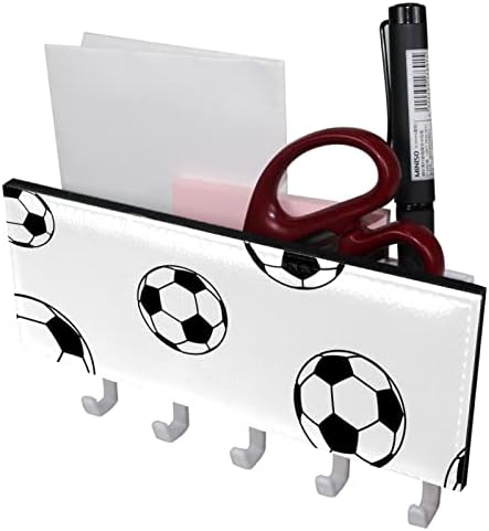 כדורגל כדורגל שחור לבן ומחזיק דואר לקירות - קולב מפתח עם מארגן דואר ו -5 ווים, מתלה דבק לבית, כניסה,