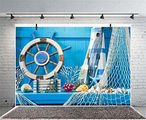 קיר עץ כחול כחול 7 על 5 רגל רקע ימי הולדת צדפים ספינת מפרש גלגל הגה דיג נטו כוכב ים מסיבת קיץ צילום