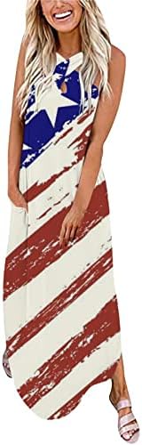 4 יולי מקסי שמלה לנשים קיץ מזדמן ארה ב דגל בוהו שמלה ללא שרוולים צלב הלטר צוואר כוכבים פסים ארוך שמלה