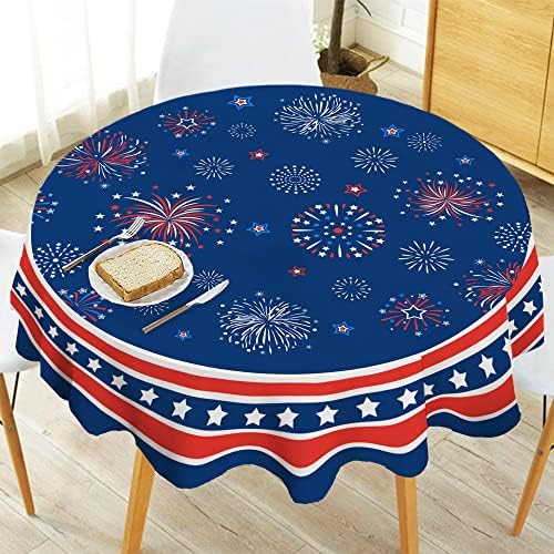 הקסגרמה 4 ביולי עגול מפת שולחן, פטריוטי מפת שולחן עגול 70 אינץ, אדום וכחול כוכבים פנימי או חיצוני אמריקאי