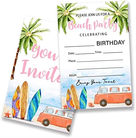 הזמנות למסיבת חוף עם מעטפות סט של 20, מילוי מסיבת יום הולדת לגלוש חוף מזמין כרטיסים