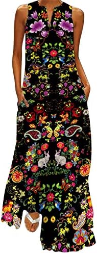 נשים שמלת מקסי קיץ הקיץ דפוס ללא שרוולים קז'ן V צוואר מקסי שמלה רופפת חוף בוהו חוף ארוך שמלות סטרפלס