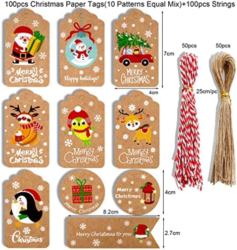 עיצוב חג המולד של Nuobesty תגיות נייר חום קראפט תגיות מתנה לחג המולד עם מחרוזת חוטים 10 עיצובים לחג