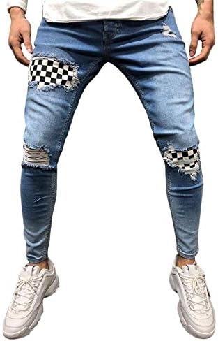 מכנסי ג 'ינס קרועים לגברים וג' ינס אופנה רזה רזה למתוח רגל ישרה עם כפתור מיקוד