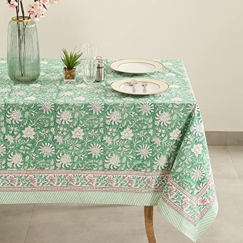 Labhanshi Block Block Print מפות שולחן, כיסוי שולחן כותנה פרחוני ירוק, בד שולחן חתונה של חג הפסחא, מפות