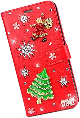 מארז טלפון של ארנק קריסטל פיות תואם לאייפון 13 Pro Max - עץ חג המולד של סנטה שלג - אדום - מכסה עור נצנצים