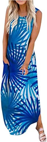 נשים של שרוולים שמלת עניבה לצבוע מודפס מזדמן פרחוני רופף קיץ ארוך מקסי שמלות חוף טנק כיסי שמלה