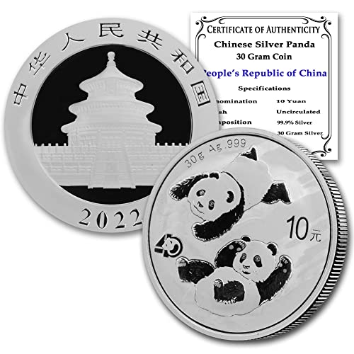 2022 CN 30 גרם סיני פנדה פנדה מטבע מבריק ללא מחזור עם תעודת אותנטיות 10 יואן ¥ 10 bu