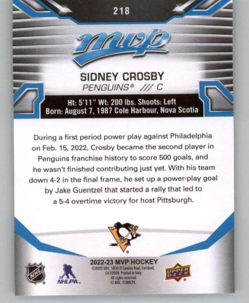 2022-23 סיפון עליון MVP 218 סידני קרוסבי SP הדפס קצר פיטסבורג פינגווינים NHL כרטיס מסחר בהוקי