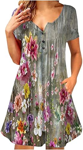 נשים של 2023 קיץ שמלה פרחוני הנלי צוואר קצר שרוול כפתור למטה קפלים כיס נדנדה מיני שמלה